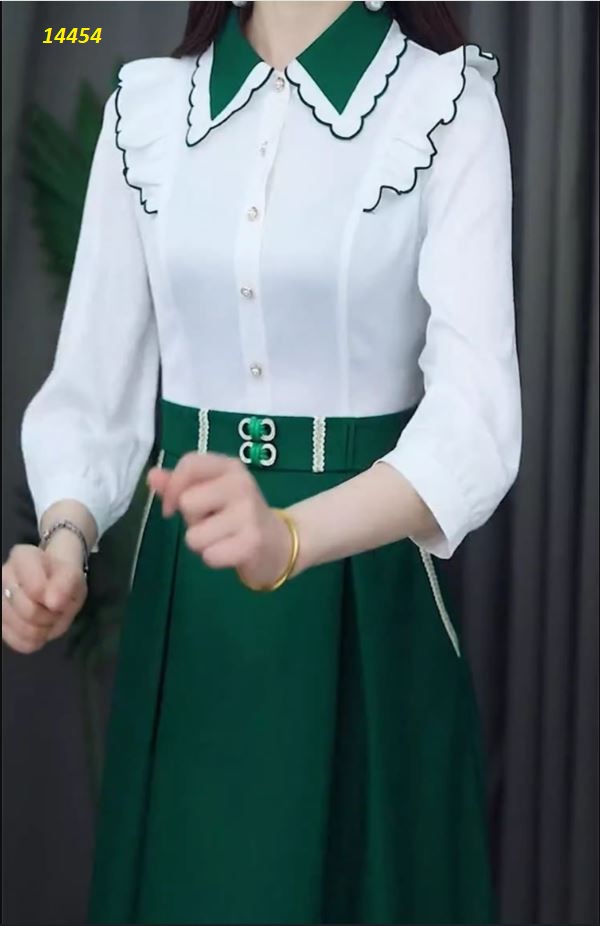14454-Đầm xòe công sở tay dài  kiểu cổ sơ mi xanh lá_thumbnail_0