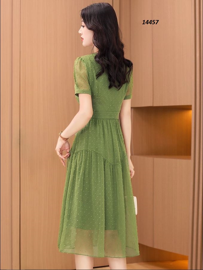 14457-Đầm voan xòe bi nổi xanh lá, may viền tầng lượn sóng_thumbnail_0