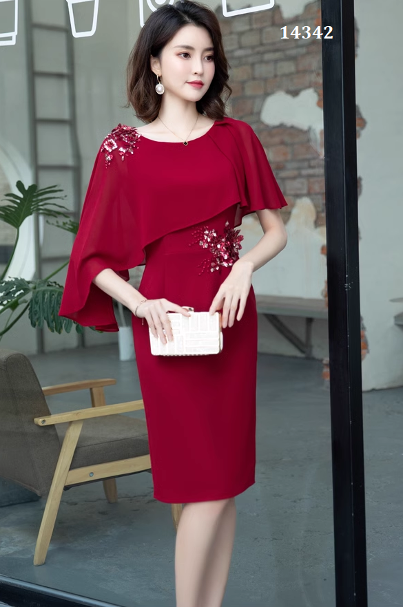 14342-Đầm body suông đỏ vai phối bèo voan (poly, voan)_thumbnail_3