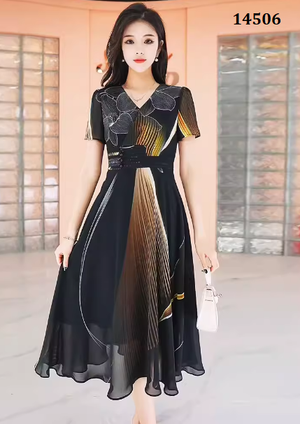 14506-Đầm voan đen  xòe cổ tim in hoa ( voan, lót)_thumbnail_1