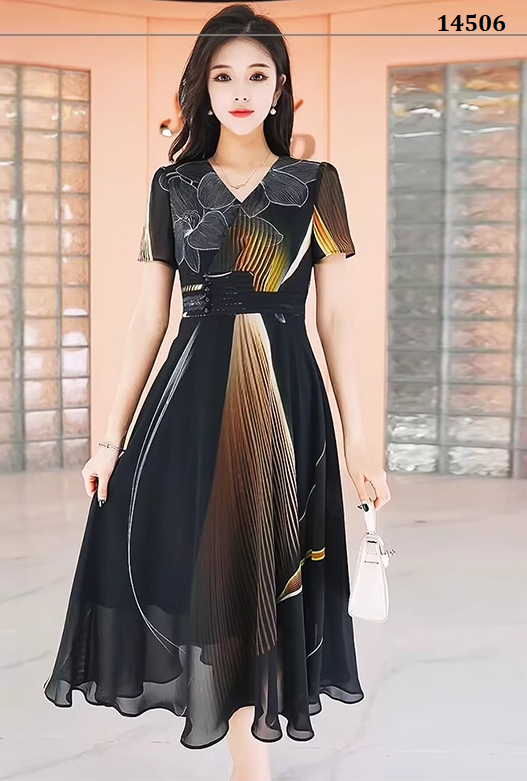 14506-Đầm voan đen  xòe cổ tim in hoa ( voan, lót)_thumbnail_0