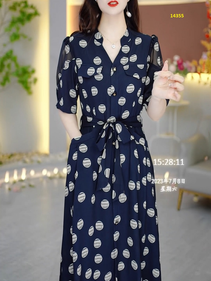 14355-Đầm sơ mi phối nút cổ trụ, họa tiết chấm tròn _thumbnail_2