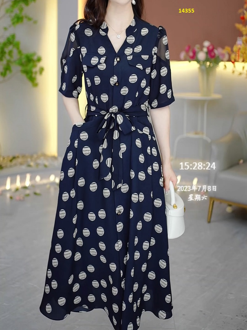 14355-Đầm sơ mi phối nút cổ trụ, họa tiết chấm tròn _thumbnail_1