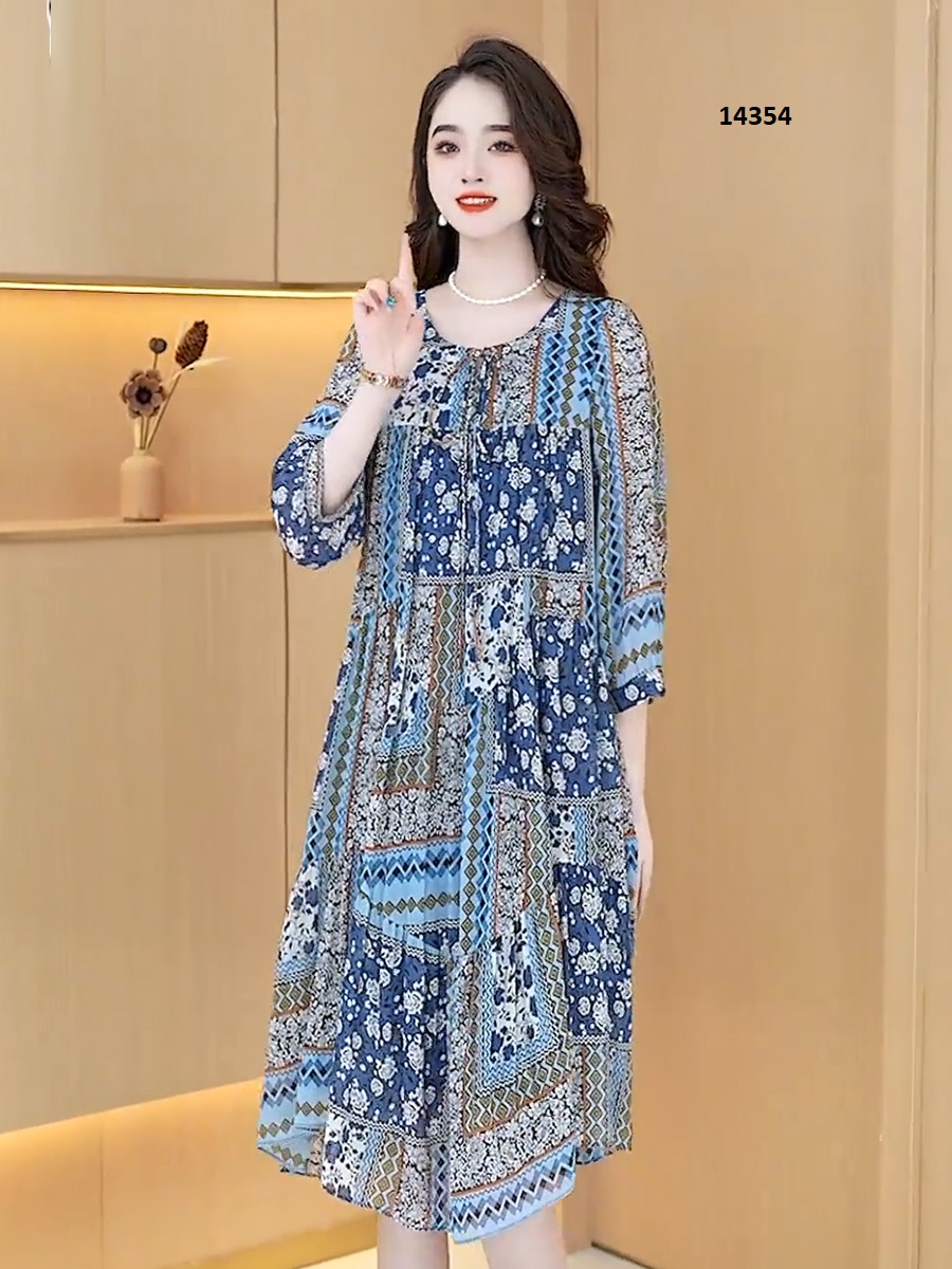 14354-Đầm suông trung niên cao cấp họa tiết xanh dương_thumbnail_0