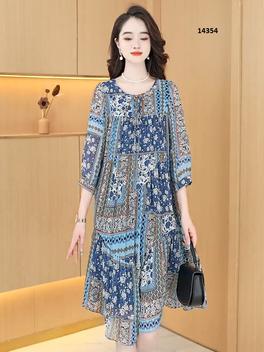 14354-Đầm suông trung niên cao cấp họa tiết xanh dương_thumbnail_2