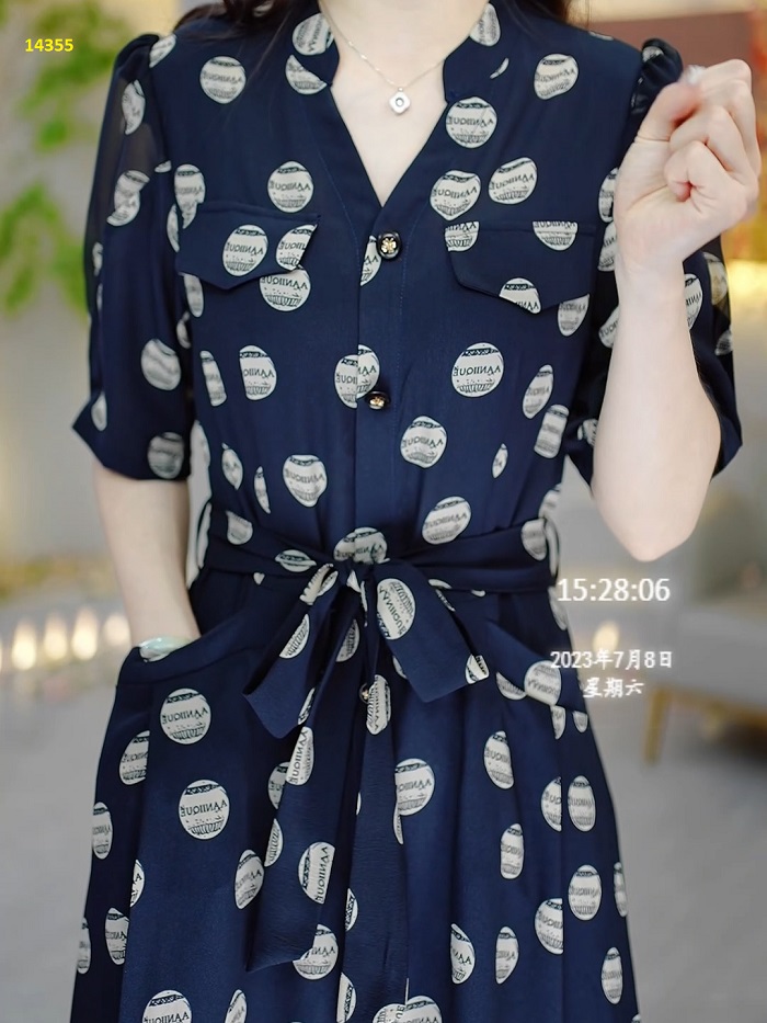 14355-Đầm sơ mi phối nút cổ trụ, họa tiết chấm tròn _thumbnail_0