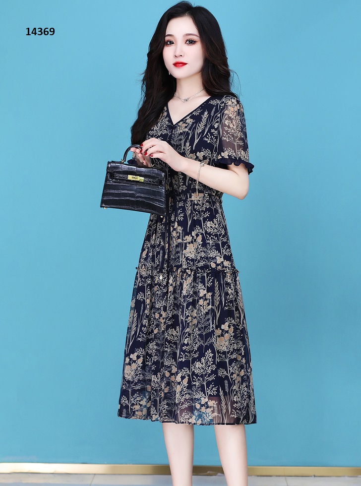 14369-Đầm voan xanh đen họa tiết dây leo _thumbnail_1