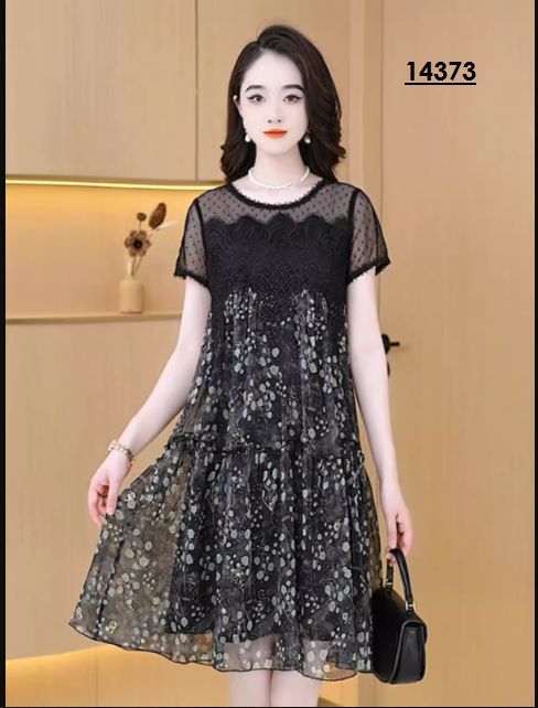 14373-Đầm suông tầng phối ren lưới đen _thumbnail_0