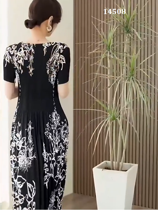 14508-Đầm đen nhún ly in hoa cách điệu (lụa 50D giãn 4 chiều)_thumbnail_2