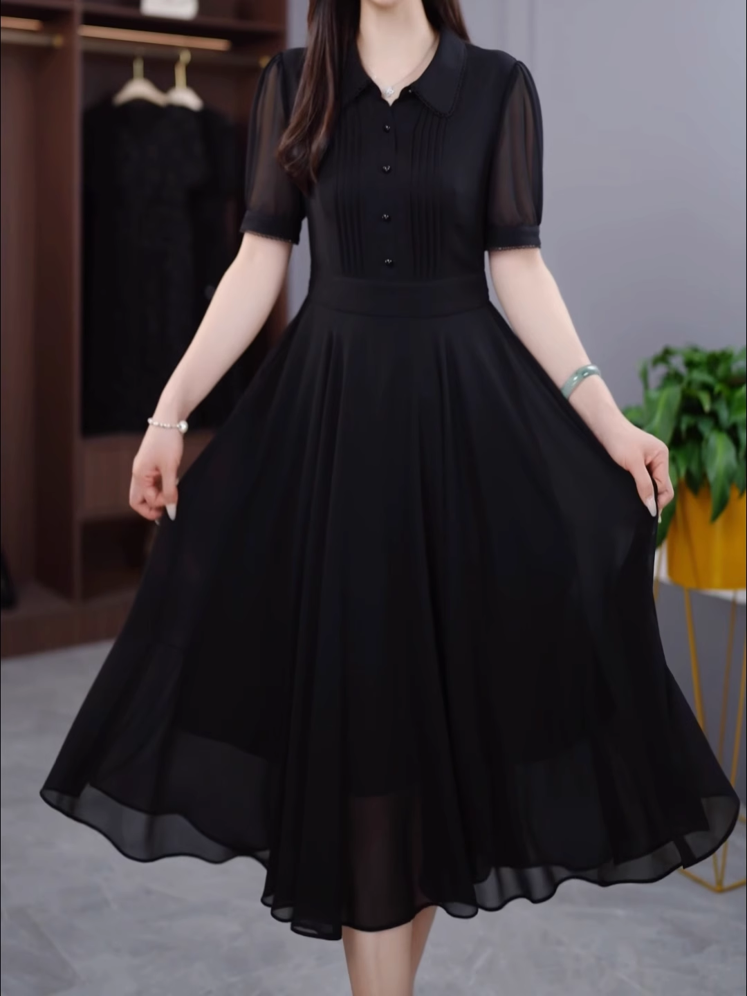 14582-Đầm xòe tay phồng cổ bẻ gấp ly ngực cách điệu (voan.lót )_thumbnail_0