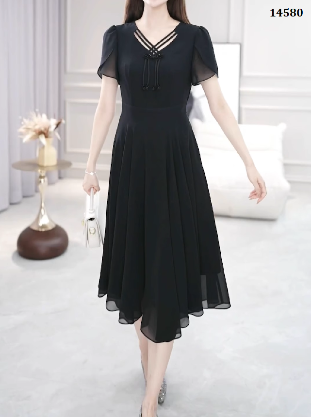 14580-Đầm xòe đen  tay ngắn cổ  phối dây chéo cách điệu (voan,lót)_thumbnail_0