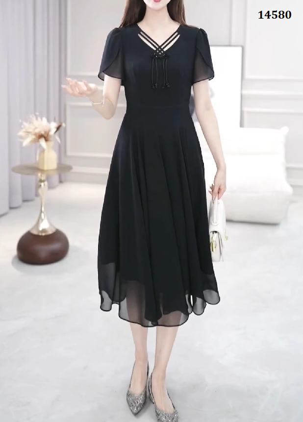 14580-Đầm xòe đen  tay ngắn cổ  phối dây chéo cách điệu (voan,lót)_thumbnail_2