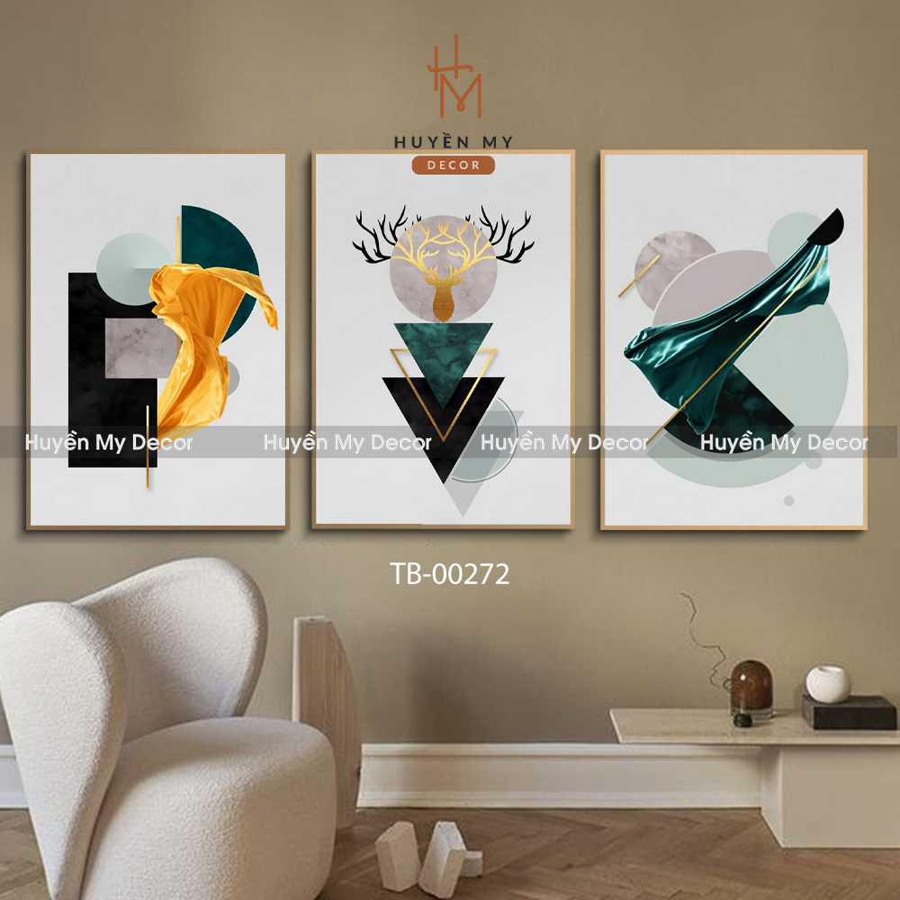 Bộ 3 Tranh Treo Tường Phong Thủy Chất Liệu Canvas, Lụa Kim Sa, Tranh Decor Phòng Khách Thu Hút Tài Lộc - Huyền My Decor