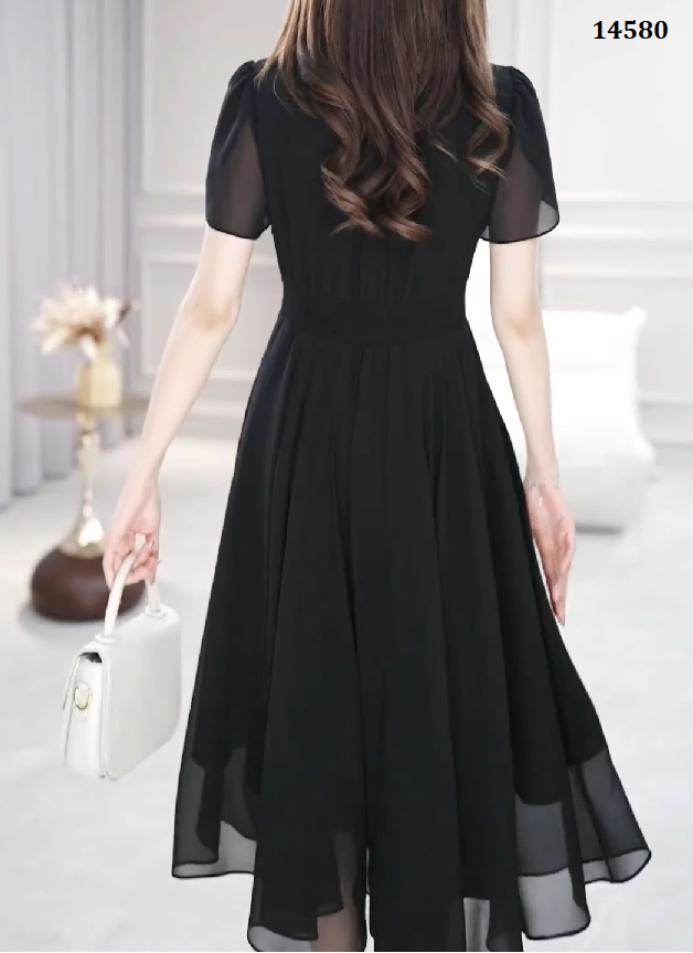 14580-Đầm xòe đen  tay ngắn cổ  phối dây chéo cách điệu (voan,lót)_thumbnail_3