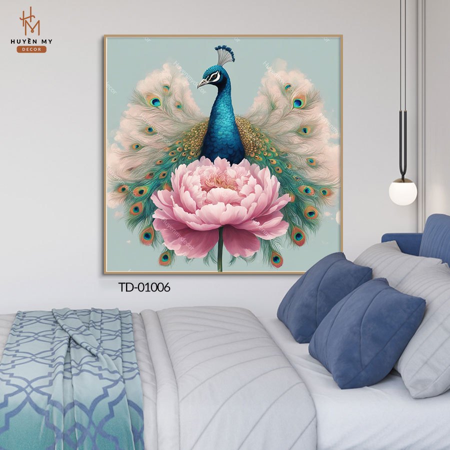 (15 mẫu) Tranh Đơn Hoa Phù Dung và Chim Công Chất Liệu Lụa Kim Sa, Tranh Trang Trí Phòng Khách - Huyền My Decor