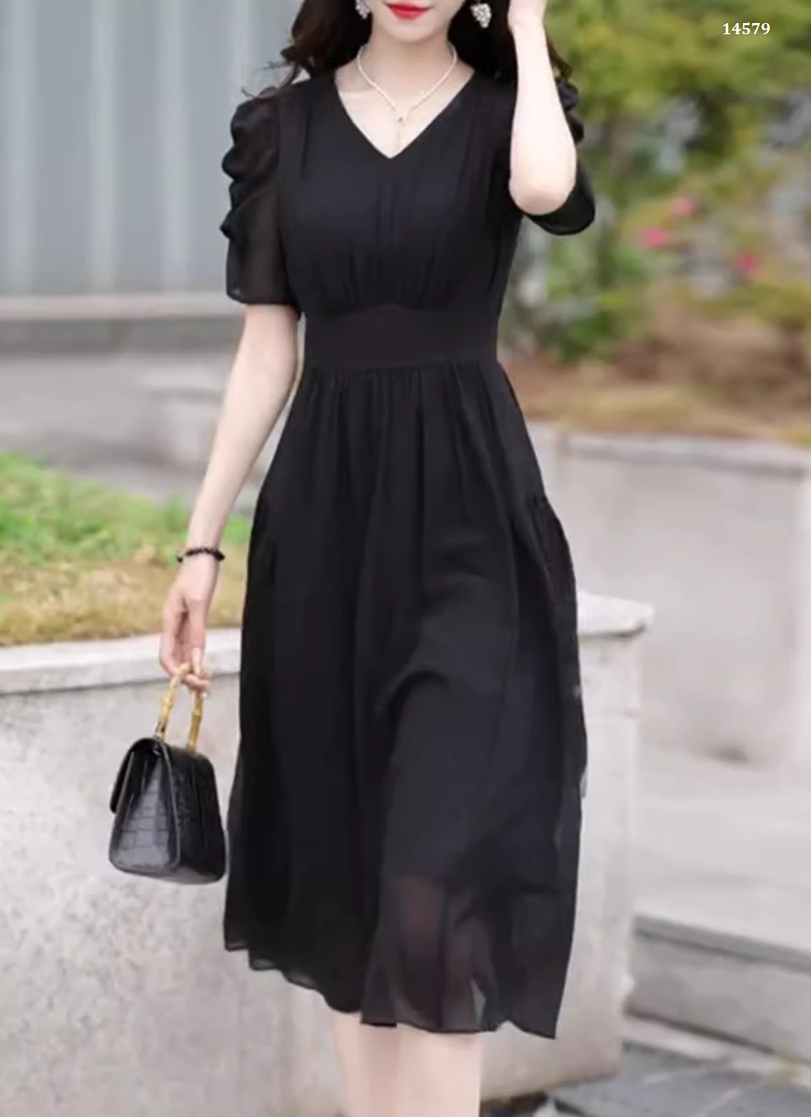 14579-Đầm voan đen tay nhún  cách điệu ( voan ,lót)_thumbnail_0