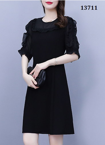 13711-Đầm suông chữ A phối tay voan ngắn  ( lụa chéom phối voan, có lót )_thumbnail_3