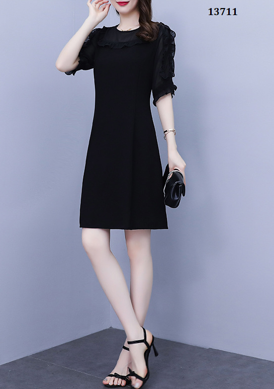 13711-Đầm suông chữ A phối tay voan ngắn  ( lụa chéom phối voan, có lót )_thumbnail_4