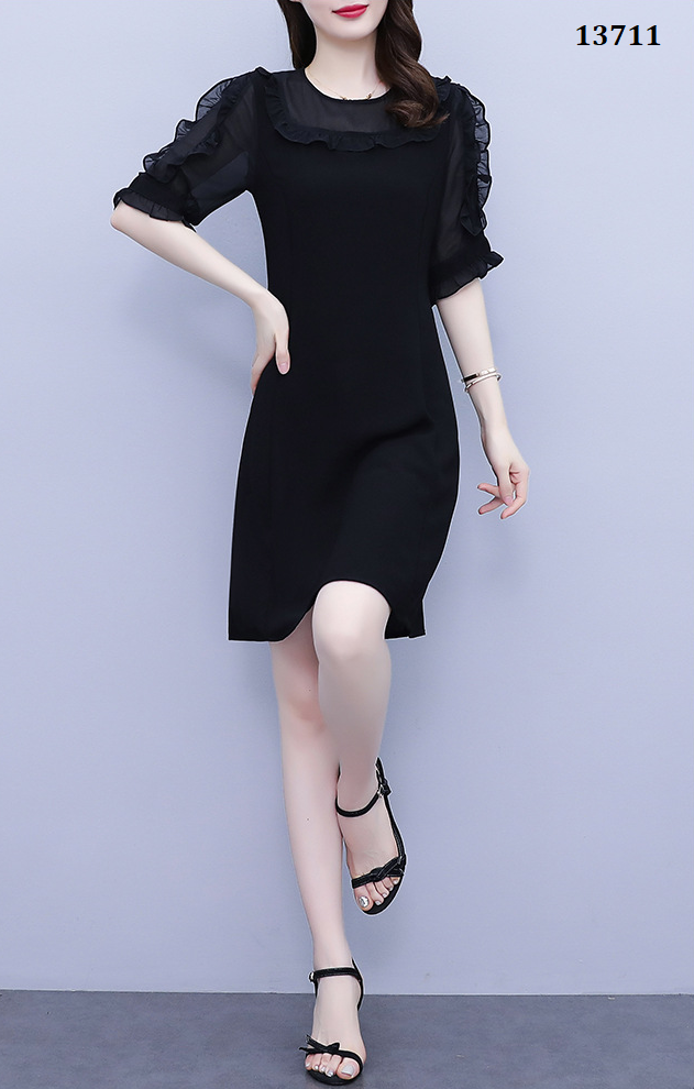 13711-Đầm suông chữ A phối tay voan ngắn  ( lụa chéom phối voan, có lót )_thumbnail_2