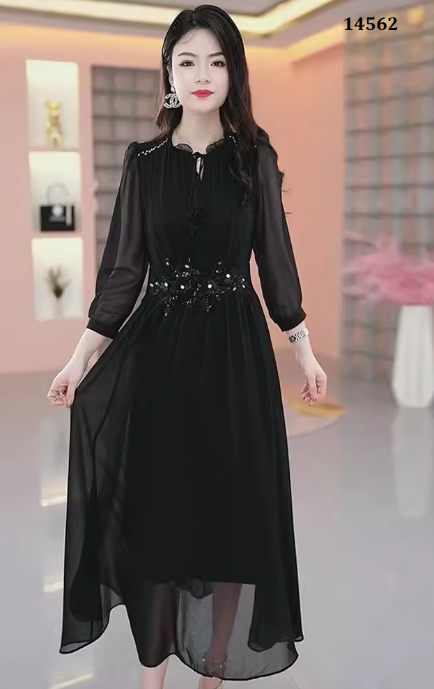 14562-Đầm voan  xòe eo nhún kết hoa cách điệu ( voan tơ xước. lót)_thumbnail_0