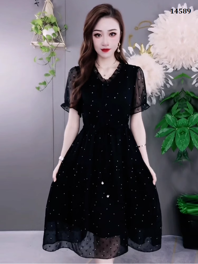 14589-Đầm xòe tay  phồng  ép đá cách điệu ( voan tơ xước ép đá , lót thun)_thumbnail_0