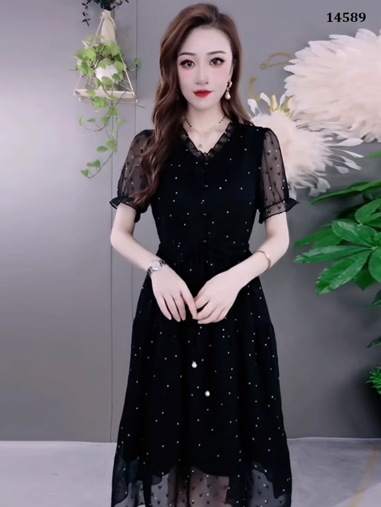 14589-Đầm xòe tay  phồng  ép đá cách điệu ( voan tơ xước ép đá , lót thun)_thumbnail_2