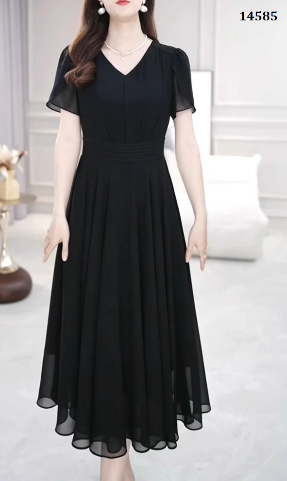 14585-Đầm đen xòe tay ngắn cổ V eo gấp ly ( voan, lót thun)_thumbnail_0