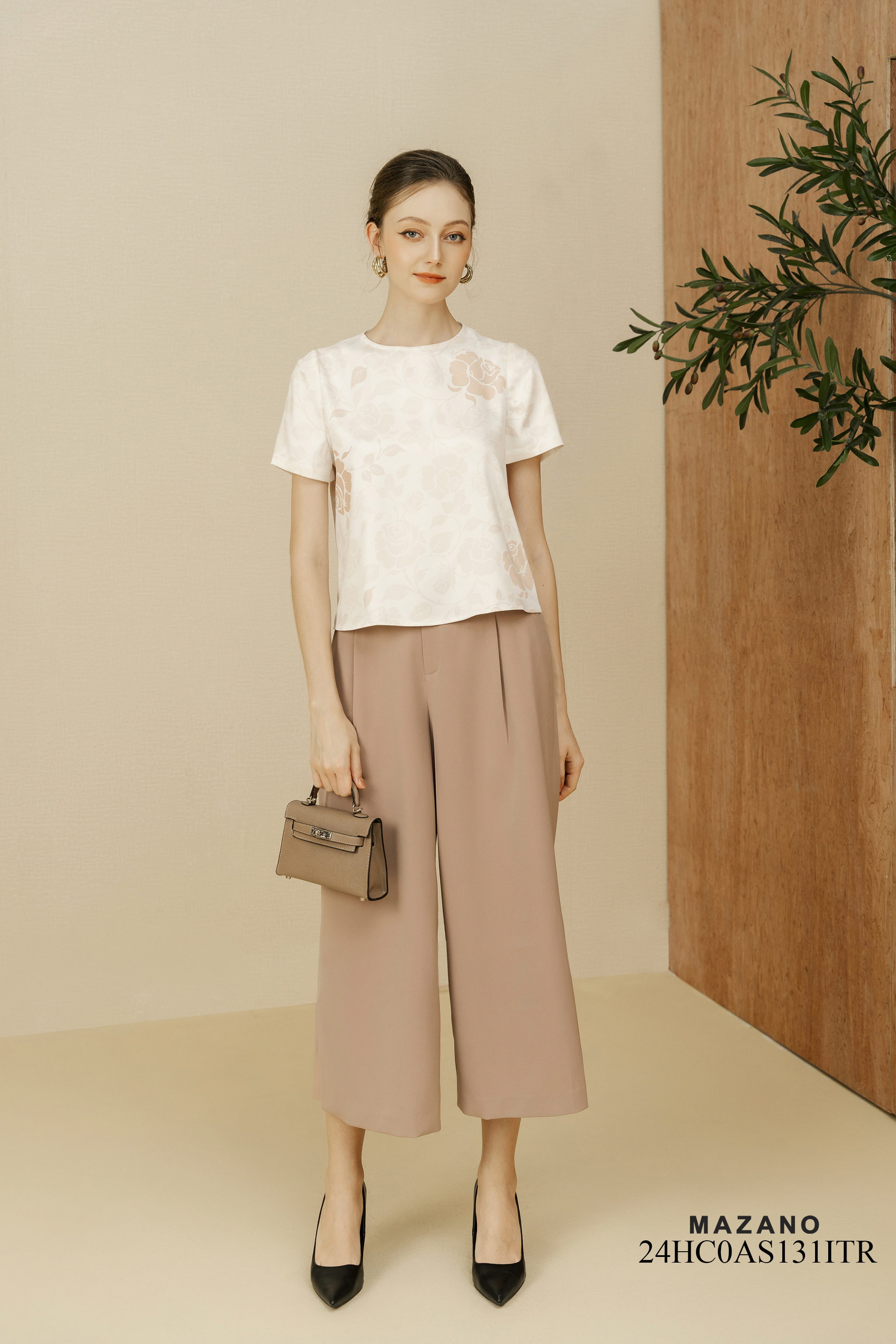 Áo Top ngắn chui đầu Suông Vải thô lụa Họa tiết hoa hồng in chìm Cổ tròn Tay ngắn Dài dưới eo