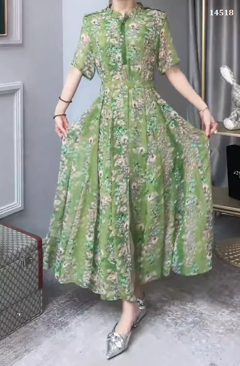 14518-Đầm voan  xanh dài  cổ trụ in hoa (voan, lót)_thumbnail_1