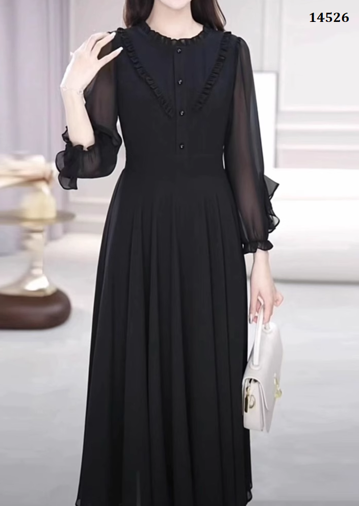 14526-Đầm xòe  tay dài cổ tròn  viền bèo   cách điệu (chifon, lụa habutai)_thumbnail_1