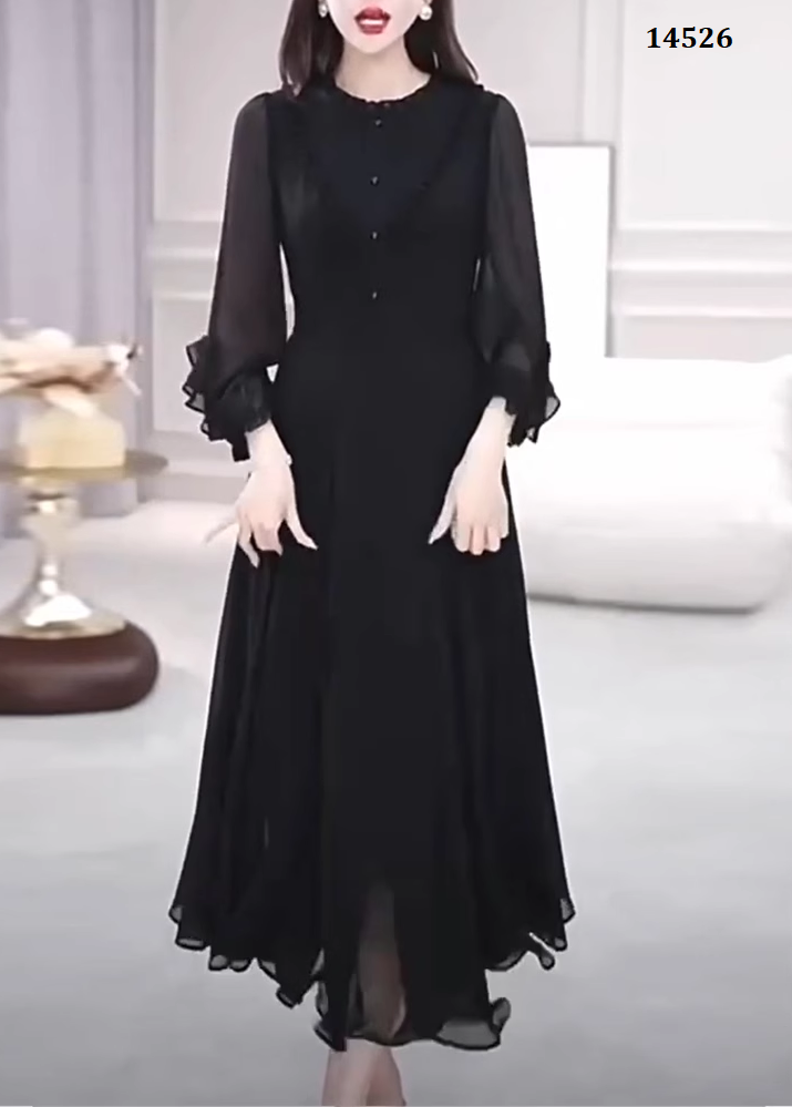 14526-Đầm xòe  tay dài cổ tròn  viền bèo   cách điệu (chifon, lụa habutai)_thumbnail_2