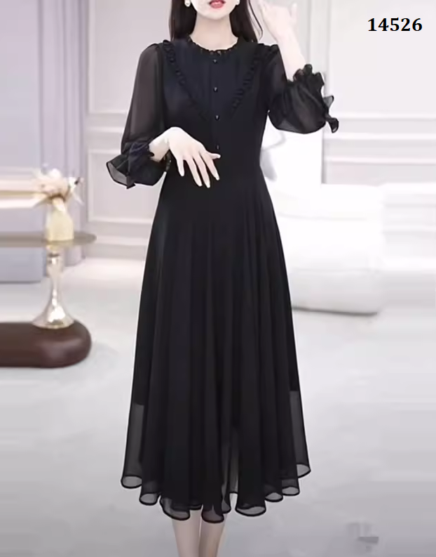 14526-Đầm xòe  tay dài cổ tròn  viền bèo   cách điệu (chifon, lụa habutai)_thumbnail_0