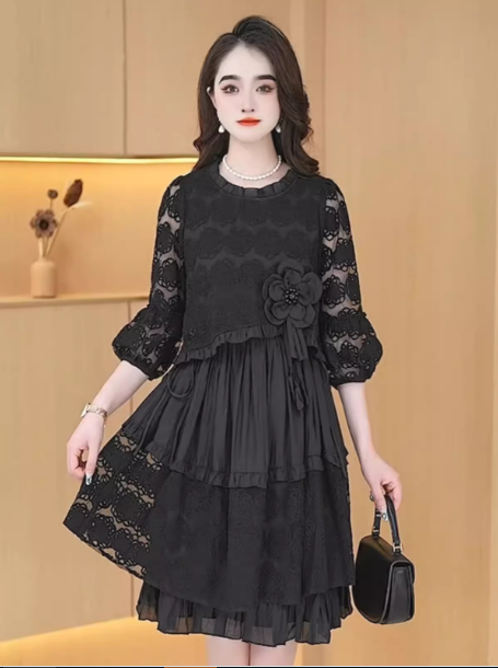 14547-Đầm voan ren dáng A tay lở màu đen ( ren, voan, lót)_thumbnail_0