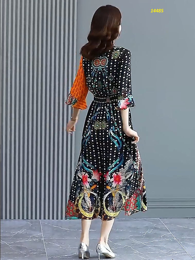 14485-Đầm xòe tay lỡ sắc màu họa tiết xanh cam_thumbnail_2