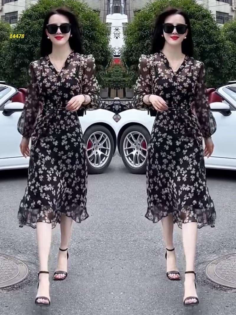 14478-Đầm voan xòe tay dài họa tiết cỏ 4 lá_thumbnail_4