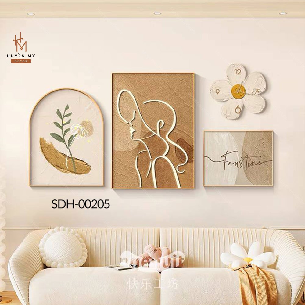 Set 4 Tranh Đồng Hồ 3D Treo Tường Lụa Kim Sa, Trang Trí Phòng Khách, Spa, Showroom - Huyền My Decor
