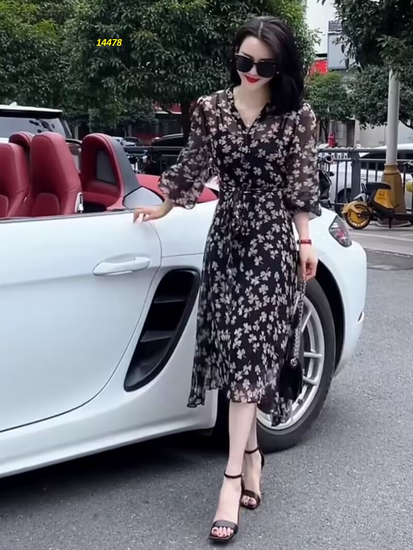 14478-Đầm voan xòe tay dài họa tiết cỏ 4 lá_thumbnail_2