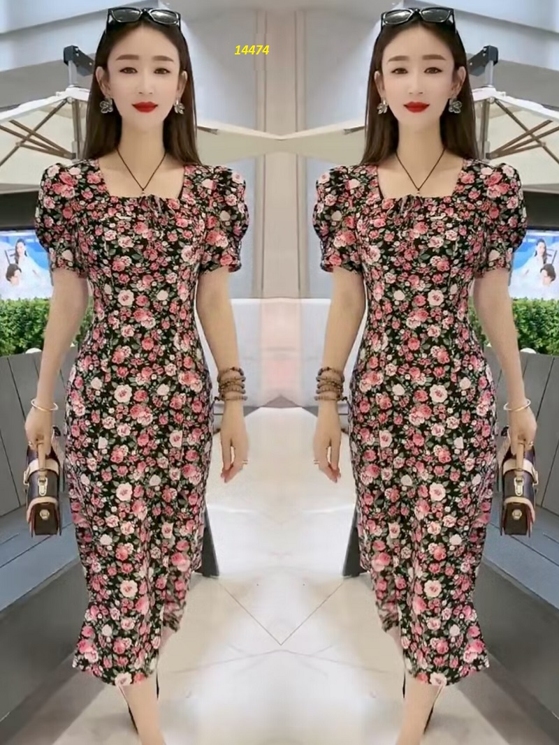 14474-Đầm hoa cổ vuông xẻ tà bên hông _thumbnail_0