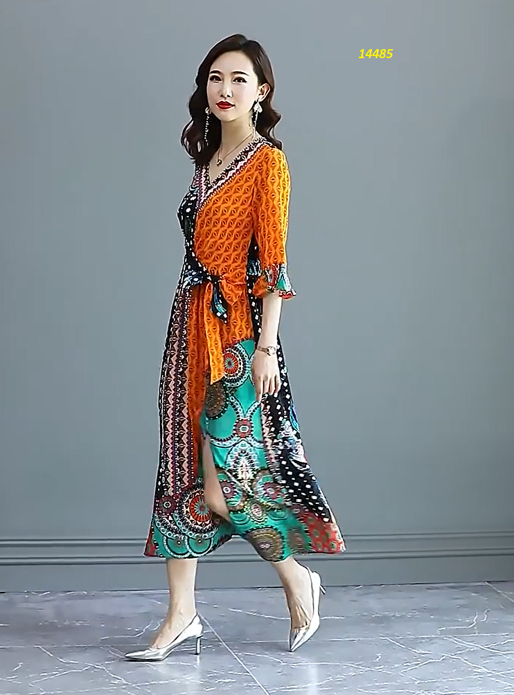 14485-Đầm xòe tay lỡ sắc màu họa tiết xanh cam_thumbnail_3