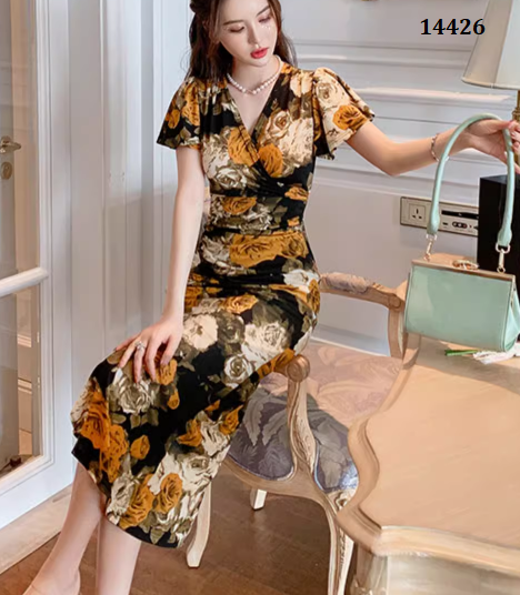 14426-Đầm body cổ đắp chéo  in hoa xẻ tà ( thun in)_thumbnail_1