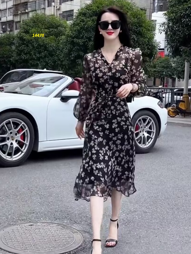14478-Đầm voan xòe tay dài họa tiết cỏ 4 lá_thumbnail_3