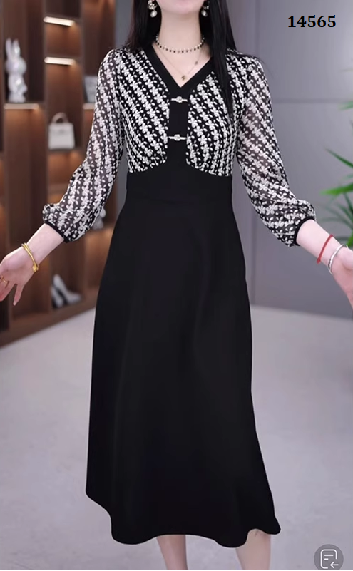 14565-Đầm xòe A phối tay dài kẻ sọc cổ  V kết nút (voan, poly 2 da)_thumbnail_0