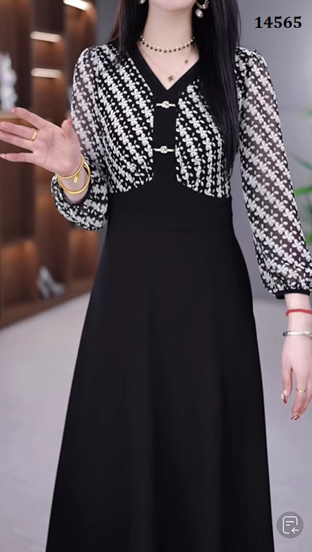 14565-Đầm xòe A phối tay dài kẻ sọc cổ  V kết nút (voan, poly 2 da)_thumbnail_3