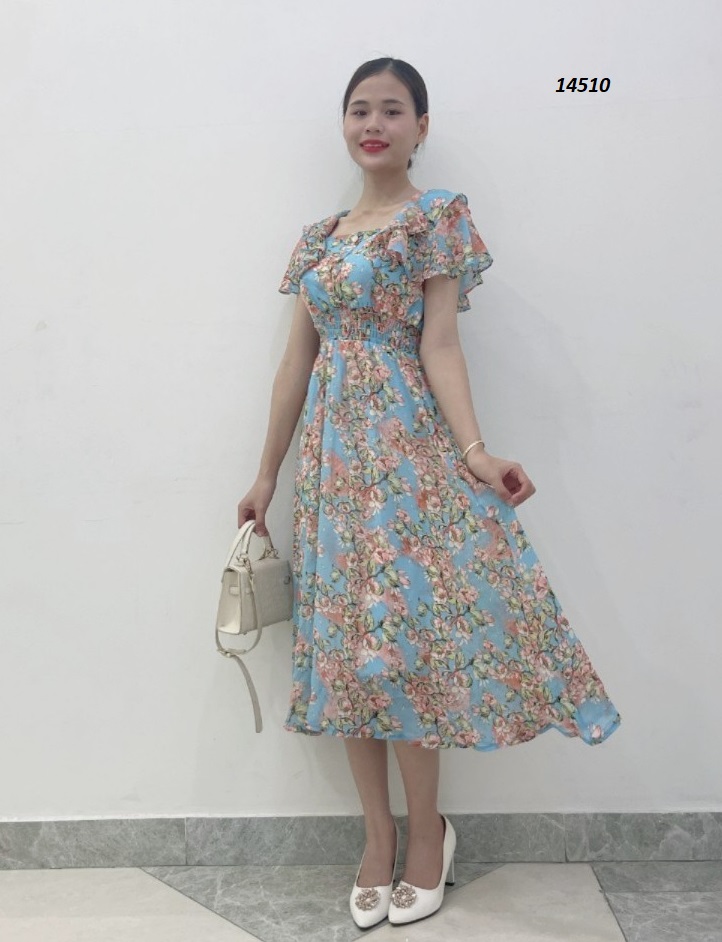 14510-Đầm  xòe voan in  hoa  3D  tay bèo tầng cách điệu (voan, lót)_thumbnail_4