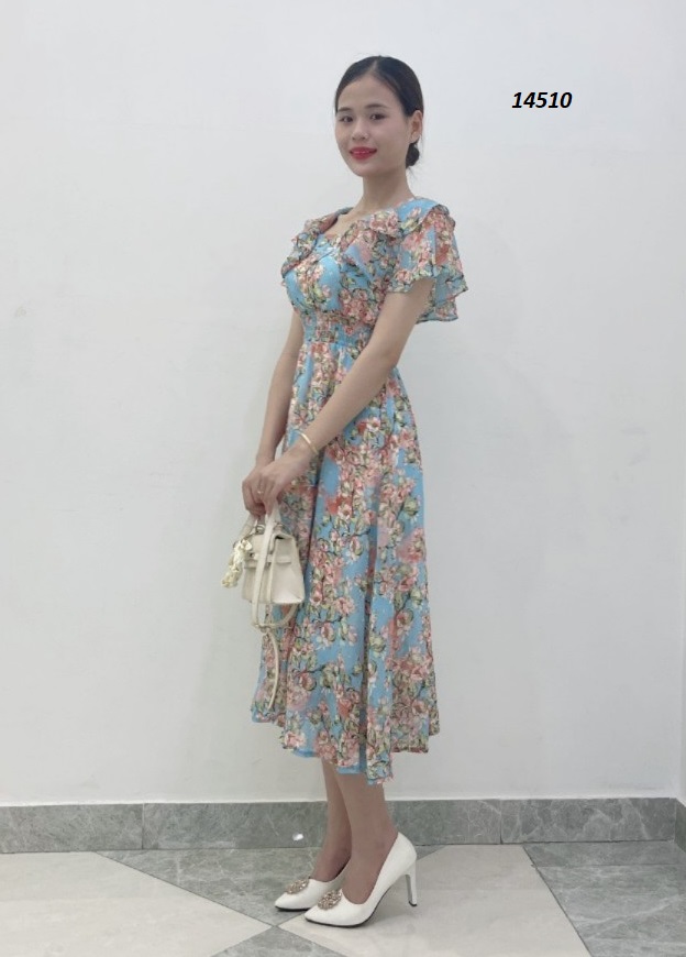 14510-Đầm  xòe voan in  hoa  3D  tay bèo tầng cách điệu (voan, lót)_thumbnail_1