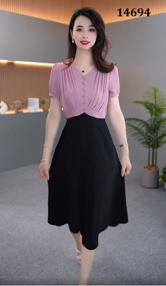14694-Đầm xòe A phối 2 màu cách điệu (  voan lụa, poly 2 da)_thumbnail_0