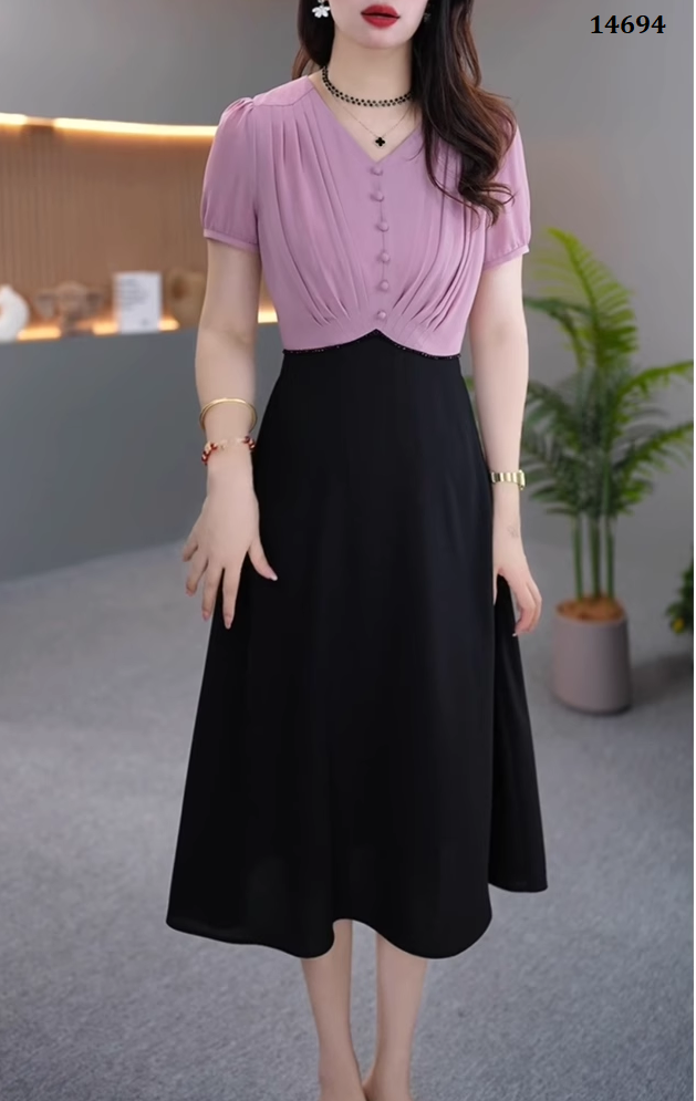 14694-Đầm xòe A phối 2 màu cách điệu (  voan lụa, poly 2 da)_thumbnail_3