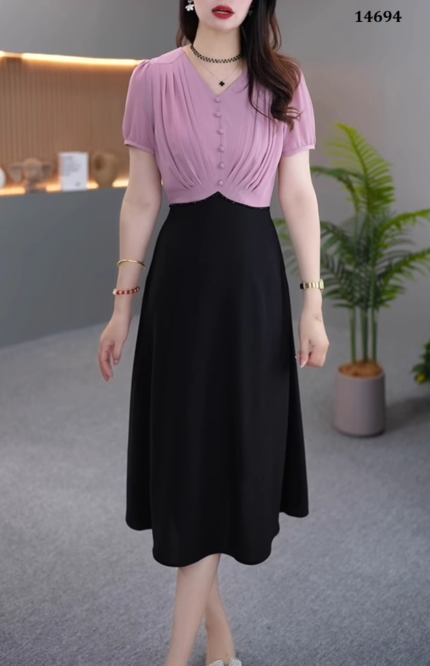 14694-Đầm xòe A phối 2 màu cách điệu (  voan lụa, poly 2 da)_thumbnail_1
