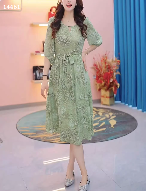 14461-Đầm voan xòe tay lở hoa xanh lá_thumbnail_2