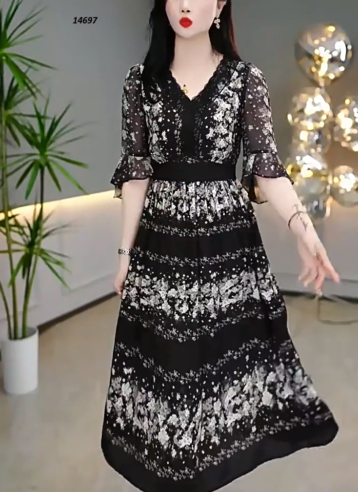 14697-Đầm voan xòe form dài họa tiết viền hoa trắng phối cổ viền ren (voan + lót) 14697_thumbnail_0